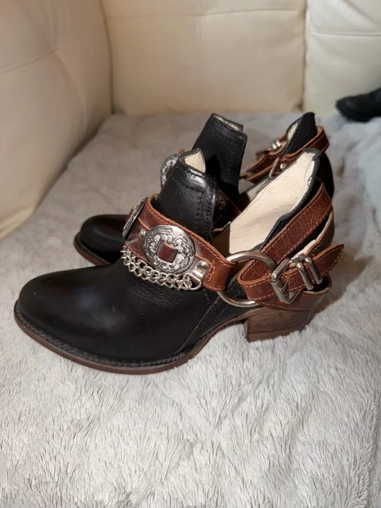 Women’s Black Leather Ankle Booties with Brown Accent Straps - Picture 1 of 3